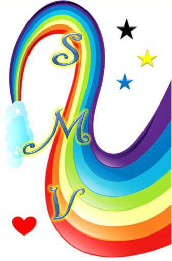 Zeichnung mit den Buchstaben SMV - Im Hintergrund wird ein Bunter Regenbogen gezeigt, mit sSternen und Herzen und einer kleinenWolke