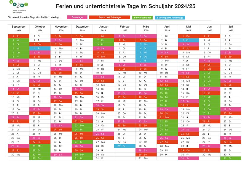 Ferienkalender - Übersicht der Ferien und unterrichtsfreien Tage im aktuellen Schuljahr