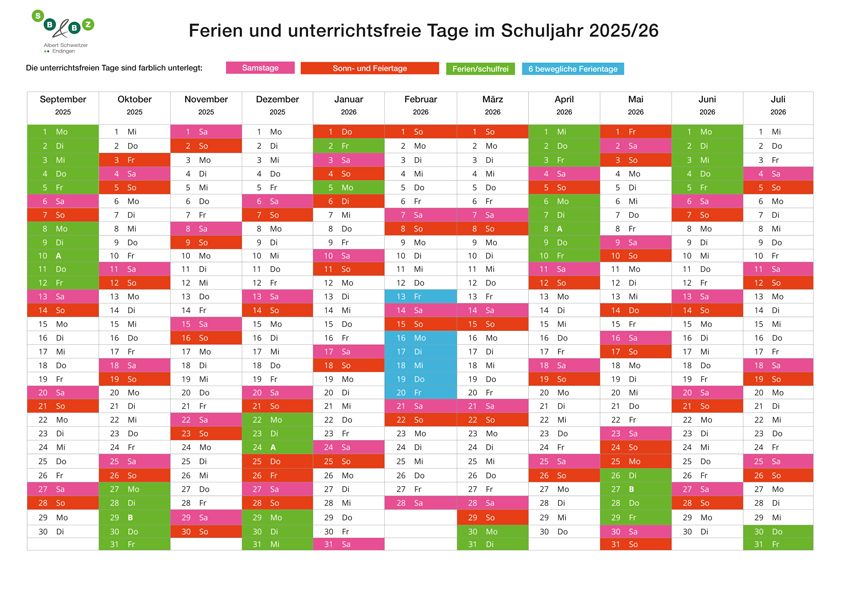 Ferienkalender - Übersicht der Ferien und unterrichtsfreien Tage im Schuljahr 2025/26